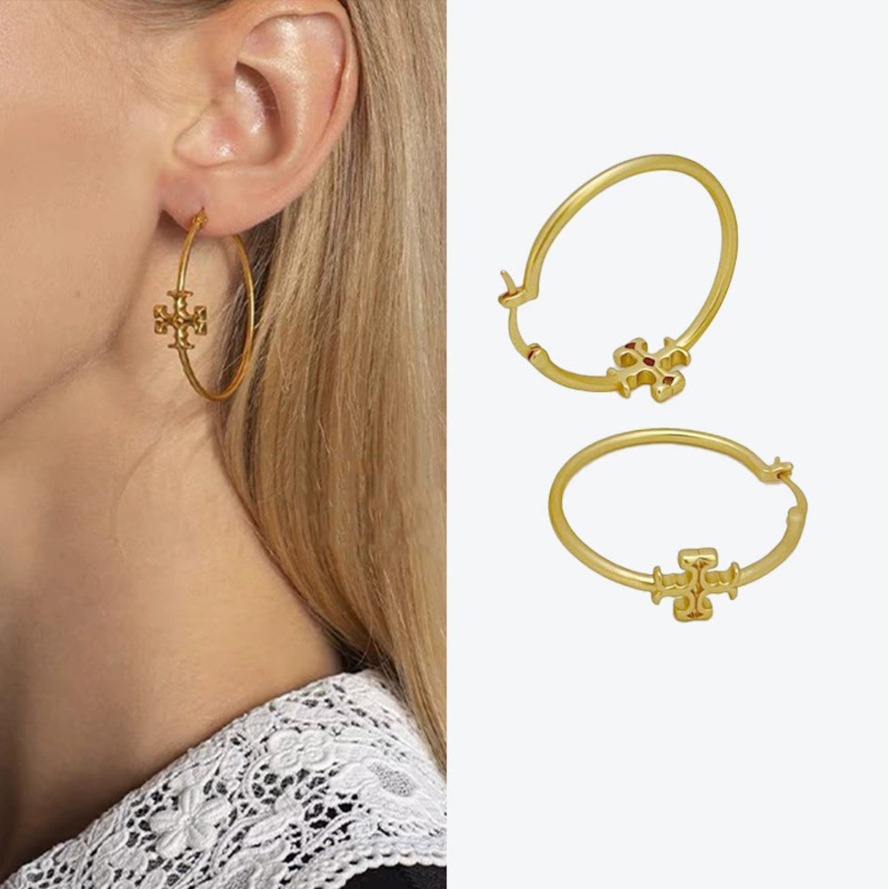 Tory Burch Gold Plated Double Circle Cross Stud Earrings
